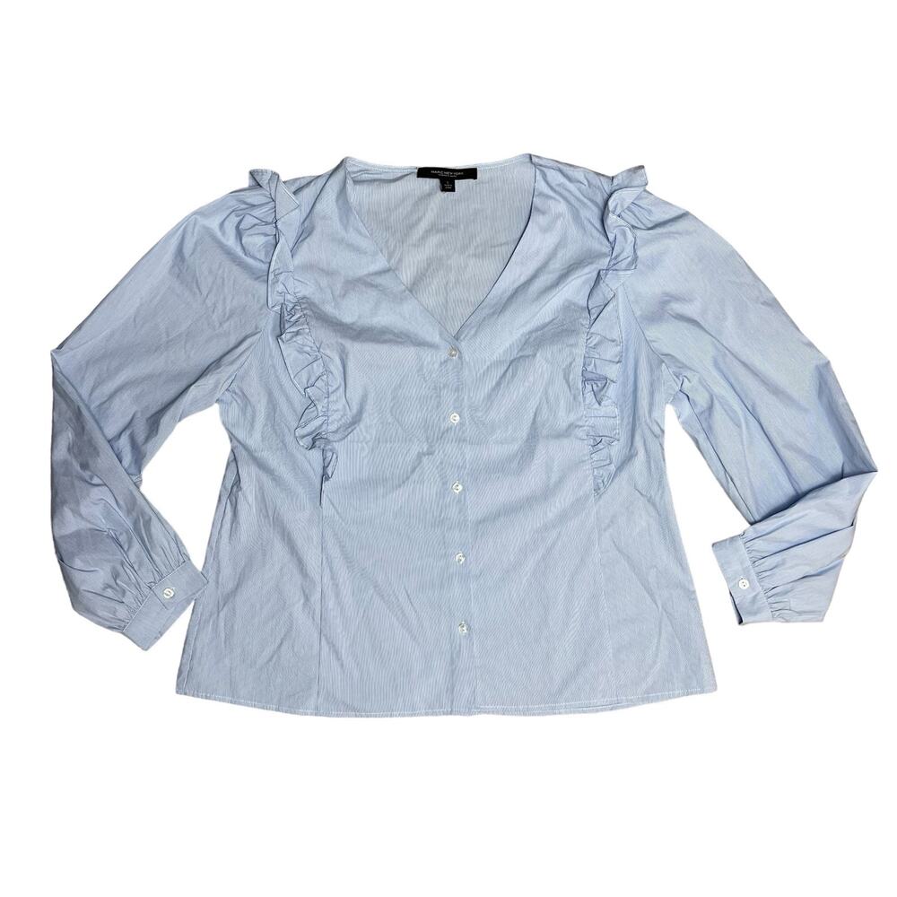 Marc New York Lightweight Blue & White Ruffled‎ V-Neck Blouse Size Large
